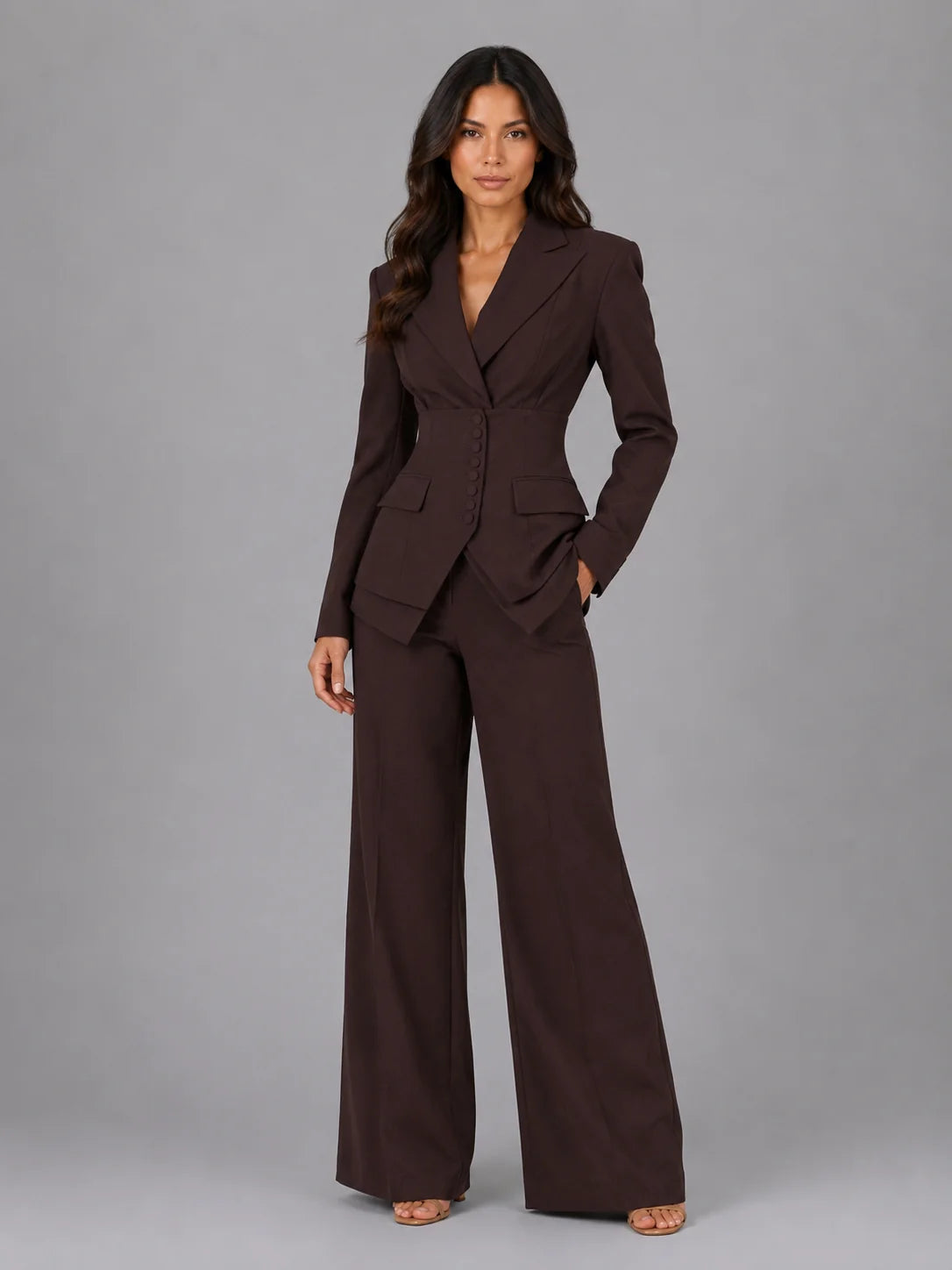 Nia | Women's Co-ord Set Cinched Waist Wide-Leg Tailored Blazer Trousers Two-Piece Structured Smart Occasion Office Coordinated