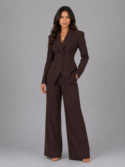 Nia | Women's Co-ord Set Cinched Waist Wide-Leg Tailored Blazer Trousers Two-Piece Structured Smart Occasion Office Coordinated