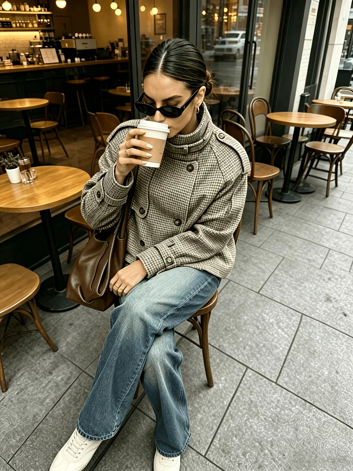 Kyra | Women's Jacket Stand Collar Houndstooth Structured Tailored Patterned Warm Smart Occasion Everyday Autumn Winter Statement