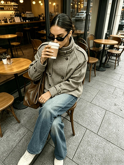 Kyra | Women's Jacket Stand Collar Houndstooth Structured Tailored Patterned Warm Smart Occasion Everyday Autumn Winter Statement