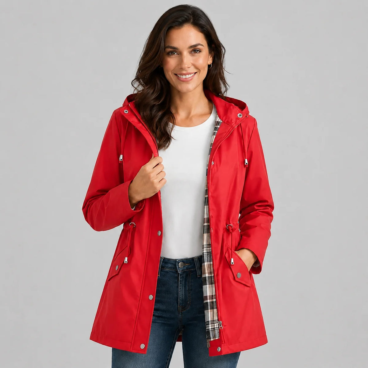 Treasure | Women's Rain Coat Hooded Check-Lined Waterproof Windproof Longline Warm Functional Casual Everyday Outdoor Autumn Winter