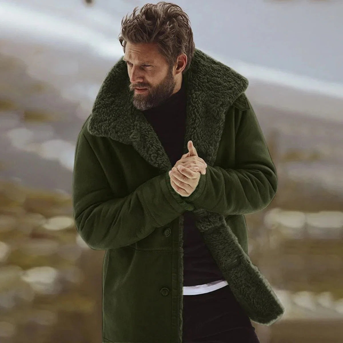 Armando | Men's Overcoat Shearling Classic Winter Warm Structured Longline Tailored Smart Formal Business Everyday Autumn Winter