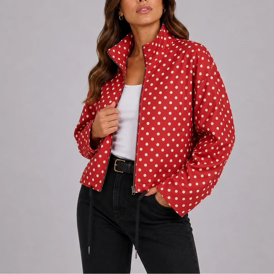 Sage | Women's Bomber Jacket Polka Dot Casual Playful Patterned Relaxed Soft Chic Everyday Autumn Winter Layering Statement