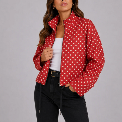 Sage | Women's Bomber Jacket Polka Dot Casual Playful Patterned Relaxed Soft Chic Everyday Autumn Winter Layering Statement