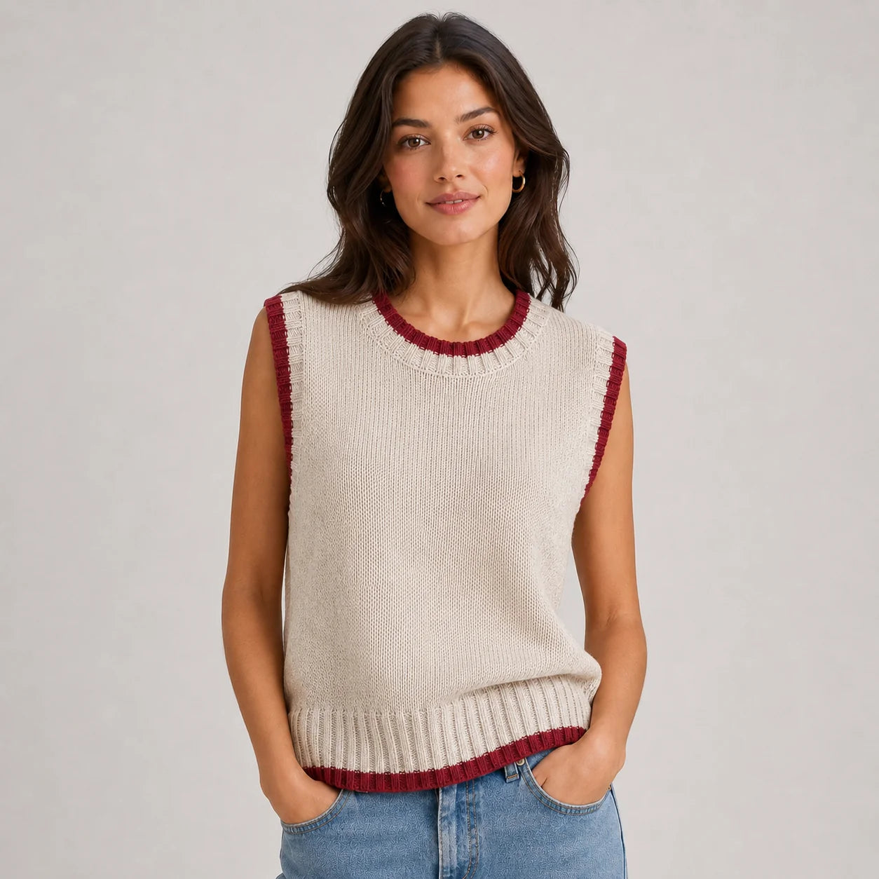 Tessa | Women's Vest Sweater Contrast Trim Round Neck Sleeveless Knit Soft Cosy Warm Layering Chic Feminine Casual Everyday Autumn