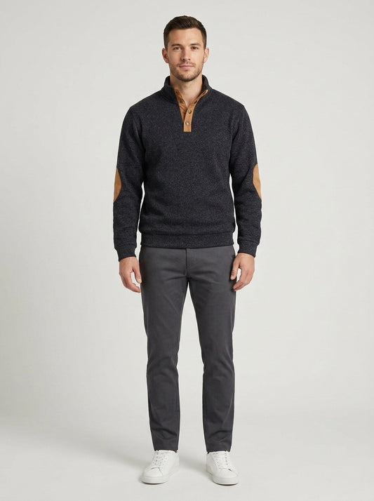 Cassius | Men's Fleece Sweater Stand Collar Suede Elbow Patches Insulating Warm Soft Smart Casual Everyday Layering Autumn Winter - Front [Lystr 6a7ec6e8399bf9f70198b8ff:front]