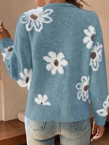 Marina | Women's Cardigan Floral V-Neck Button Front Knit Soft Feminine Cosy Warm Relaxed Layering Chic Casual Everyday Autumn