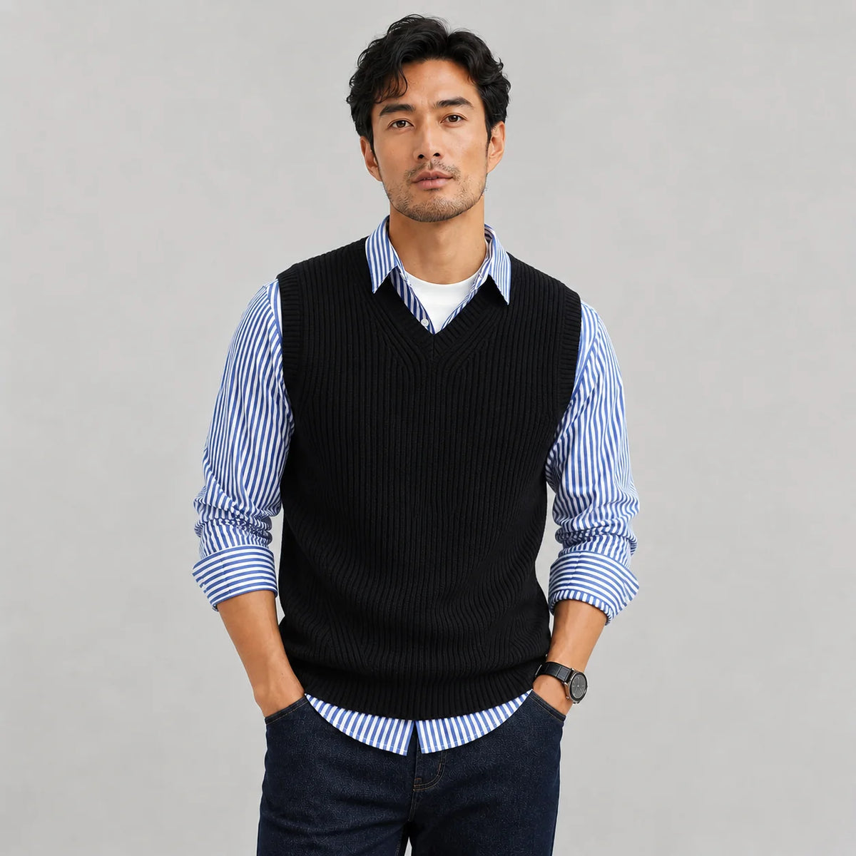 Lowell | Men's Vest Sweater V-Neck Ribbed Knit Sleeveless Soft Warm Layering Smart Casual Everyday Autumn Winter Knitwear