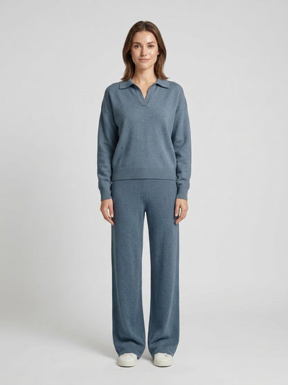Kamila | Women's Co-ord Set Polo Collar Knit Pullover Wide-Leg Trousers Two-Piece Cosy Knit Coordinated Chic Autumn Winter - Front [Lystr 6a84a1918dc0052d69880c61:front]