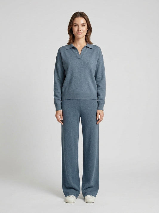 Kamila | Women's Co-ord Set Polo Collar Knit Pullover Wide-Leg Trousers Two-Piece Cosy Knit Coordinated Chic Autumn Winter - Front [Lystr 6a84a1918dc0052d69880c61:front]