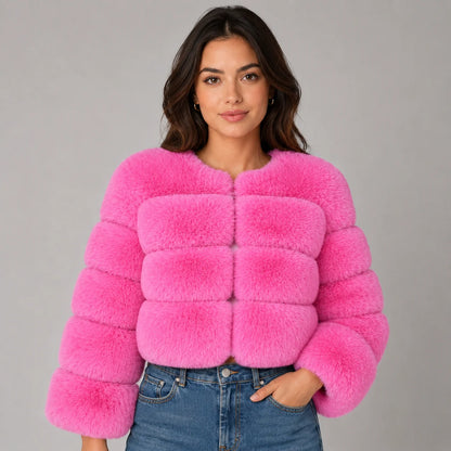 Veda | Women's Faux Fur Jacket Cropped Fluffy Plush Soft Warm Cosy Chic Feminine Occasion Everyday Autumn Winter Outerwear