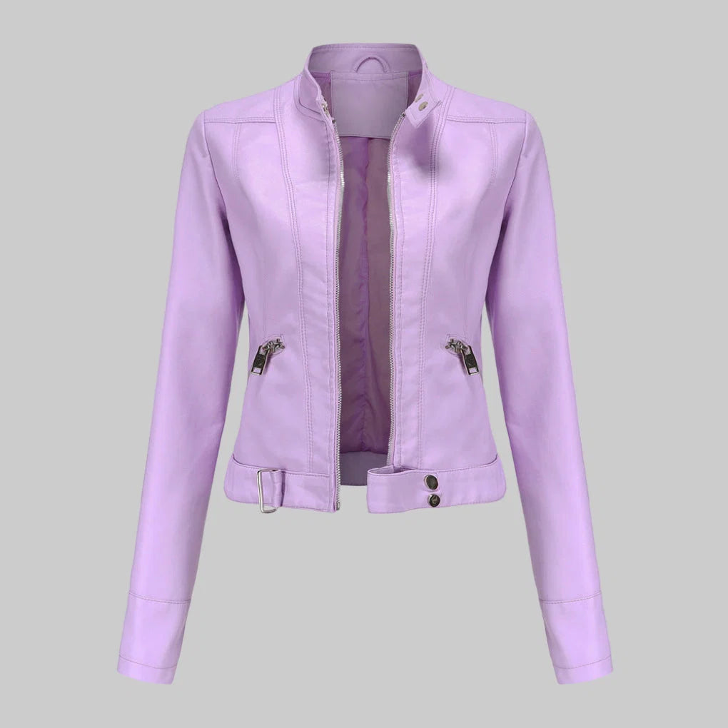 Karla | Women's Leather Jacket Elegant Slim Fit Stand Collar Zip Front Refined Structured Smart Occasion Everyday Autumn Winter