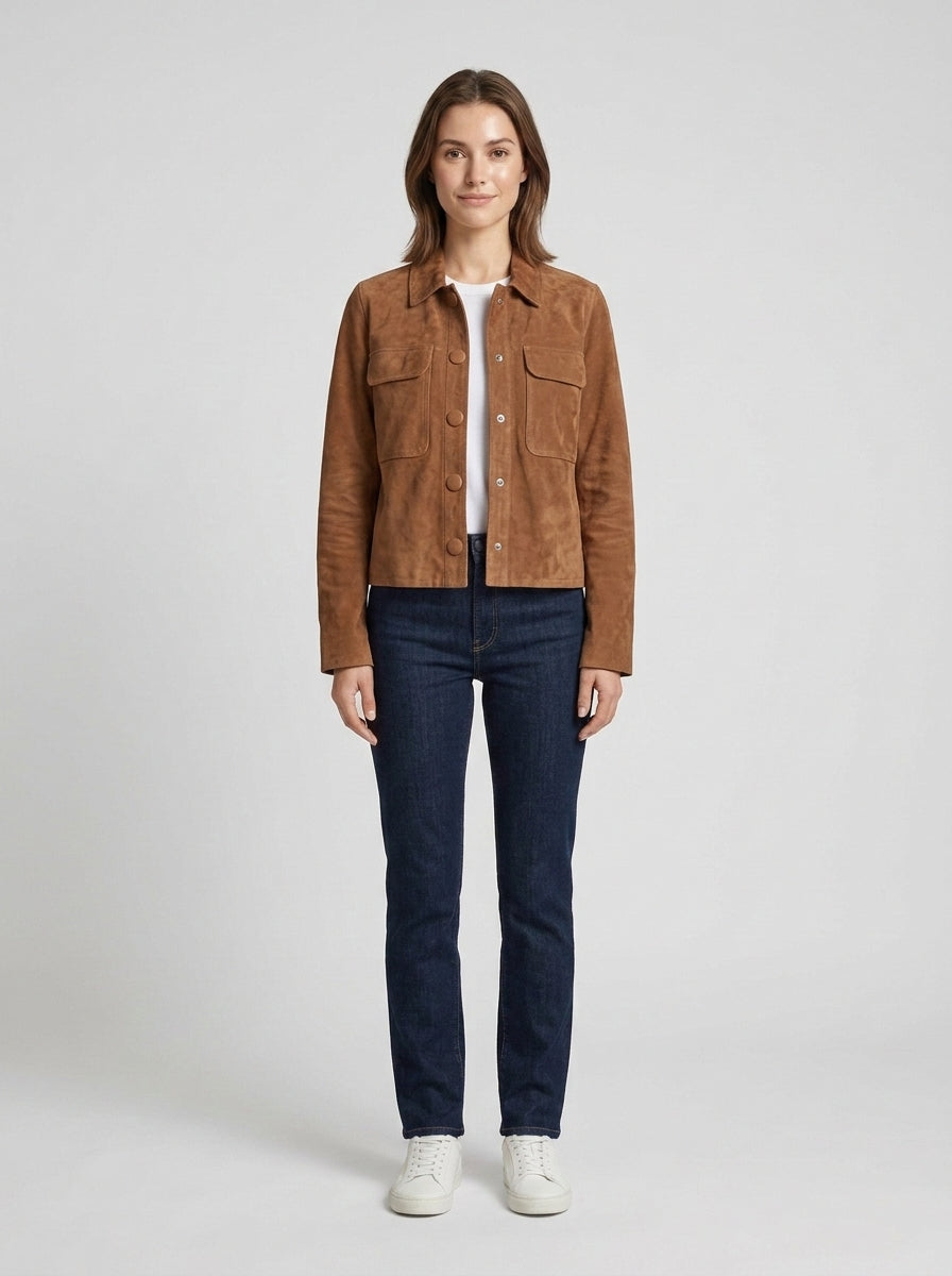 Wolfe | Women's Suede Jacket Shirt Collar Water-Resistant Structured Refined Transitional Smart Casual Everyday Layering Autumn - Front [Lystr 6a7ee29074a56fa975f4d88d:front]