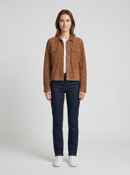 Wolfe | Women's Suede Jacket Shirt Collar Water-Resistant Structured Refined Transitional Smart Casual Everyday Layering Autumn - Front [Lystr 6a7ee29074a56fa975f4d88d:front]