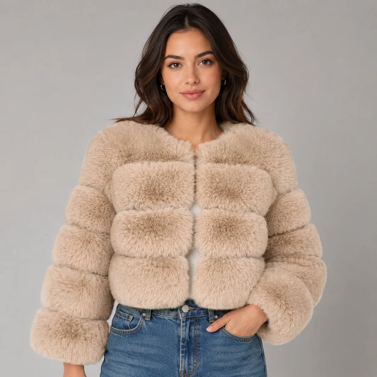 Veda | Women's Faux Fur Jacket Cropped Fluffy Plush Soft Warm Cosy Chic Feminine Occasion Everyday Autumn Winter Outerwear