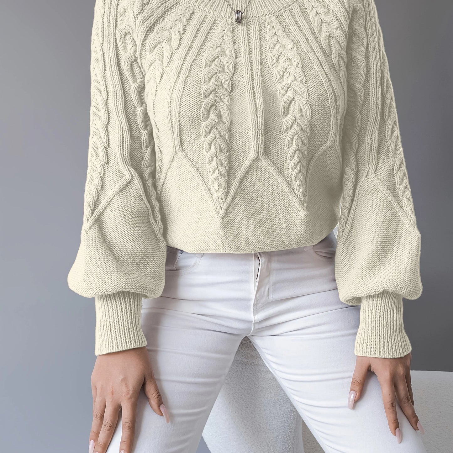 Kimberly | Women's Sweater Cable-Knit Lantern Sleeve Chunky Textured Soft Cosy Warm Layering Chic Feminine Casual Everyday Autumn