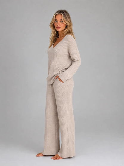 Rosemary | Women's Lounge Set Ribbed Knit V-Neck Jumper Wide-Leg Trousers Two-Piece Soft Cosy Warm Coordinated Comfort Loungewear