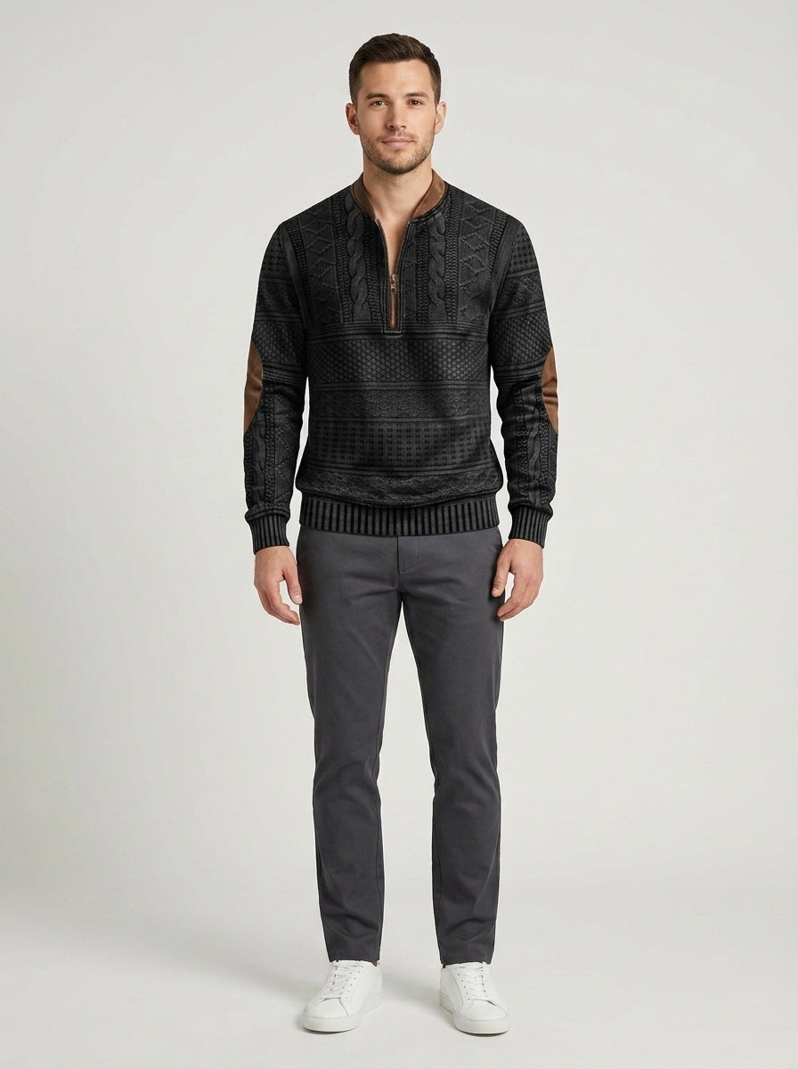 Alaric | Men's Half-Zip Sweater Patterned Elbow Patches Textured Knit Warm Soft Smart Casual Everyday Layering Autumn Winter - Front [Lystr 6a7ec700399bf9f70198b905:front]