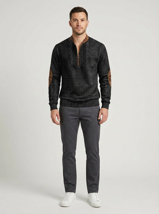 Alaric | Men's Half-Zip Sweater Patterned Elbow Patches Textured Knit Warm Soft Smart Casual Everyday Layering Autumn Winter - Front [Lystr 6a7ec700399bf9f70198b905:front]