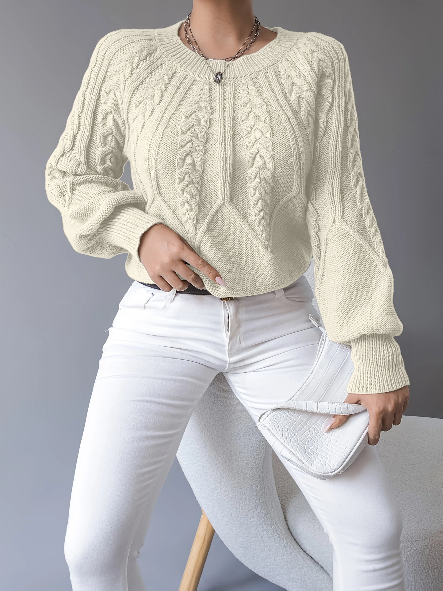 Kimberly | Women's Sweater Cable-Knit Lantern Sleeve Chunky Textured Soft Cosy Warm Layering Chic Feminine Casual Everyday Autumn