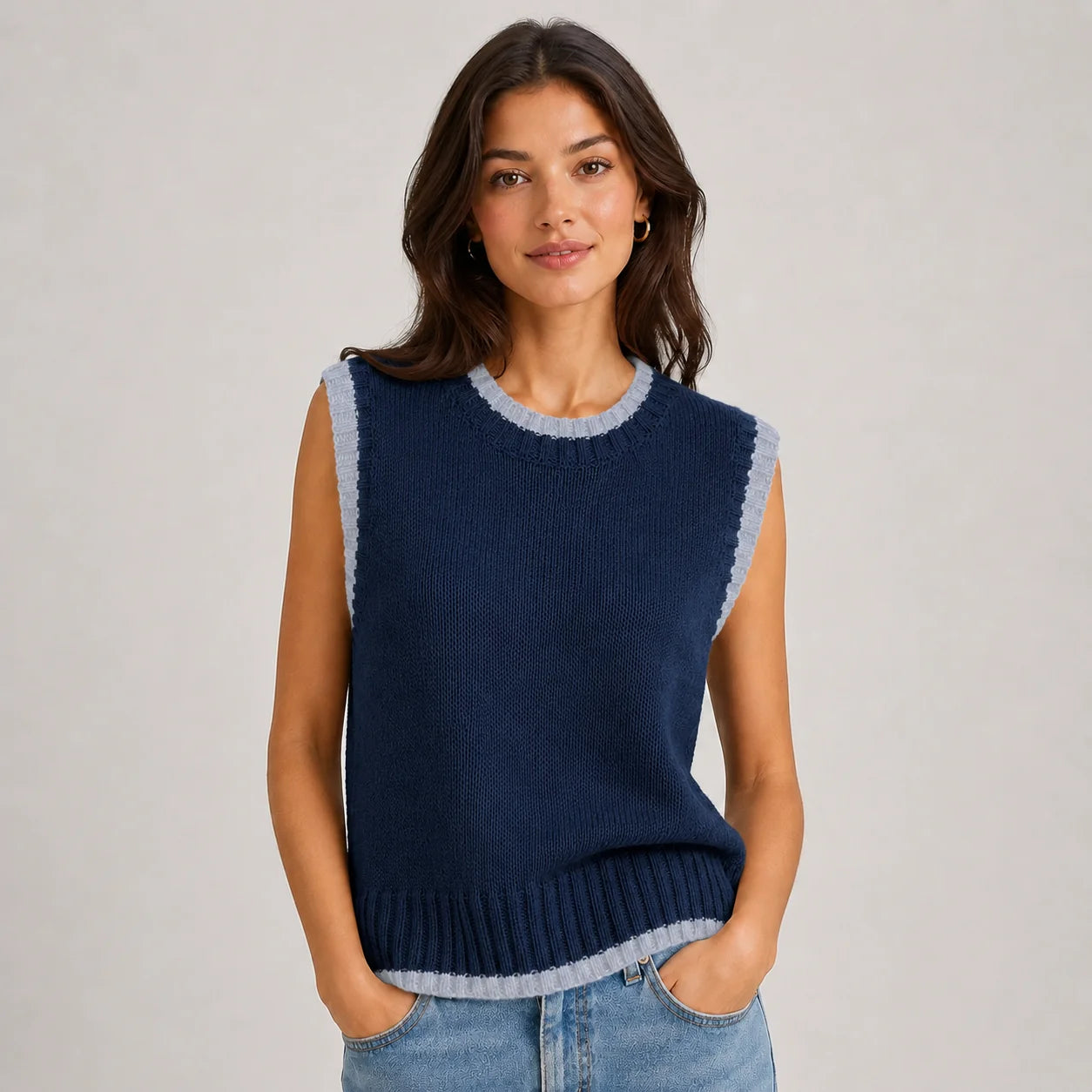 Tessa | Women's Vest Sweater Contrast Trim Round Neck Sleeveless Knit Soft Cosy Warm Layering Chic Feminine Casual Everyday Autumn
