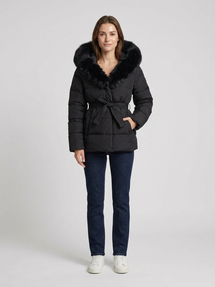 Charlotte | Women's Puffer Jacket Belted Faux Fur Hood Quilted Padded Insulated Warm Zip Cosy Casual Winter Outerwear - Front [Lystr 6a7eca8d399bf9f70198b90e:front]