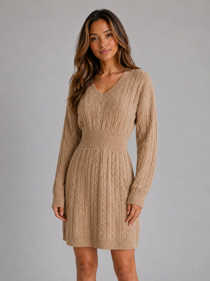 Paris | Women's Midi Dress Cable-Knit V-Neck Shirred Waist Fitted Soft Cosy Warm Feminine Chic Occasion Everyday Autumn Winter