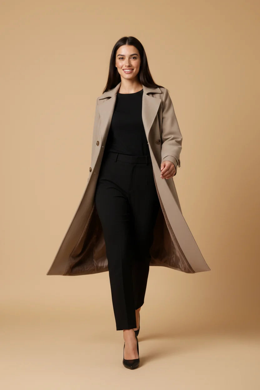 Keira | Women's Trench Coat Long Double-Breasted Plush-Lined Tailored Belted Warm Structured Smart Occasion Everyday Autumn Winter
