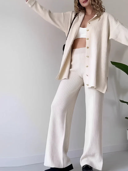 Marie | Women's Co-ord Set Ribbed Knit Longline Button Shirt Straight Trousers Two-Piece Soft Stretch Coordinated Chic Autumn