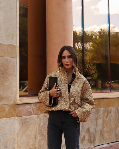 Lyric | Women's Bomber Jacket Gold Sequin Tweed Textured Structured Sparkle Statement Chic Occasion Party Festive Evening Autumn