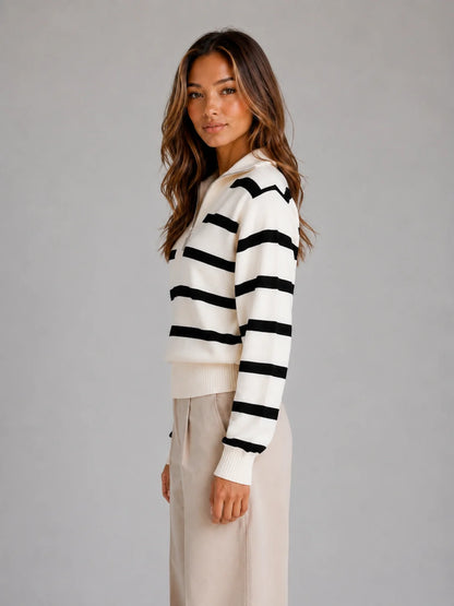 Laurel | Women's Sweater Striped Half-Zip Knitted Relaxed Collar Soft Cosy Warm Layering Chic Casual Everyday Autumn Winter