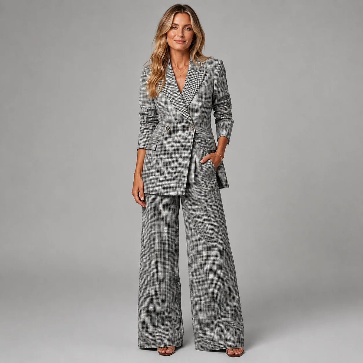 Tatum | Women's Co-ord Set Check Blazer Wide-Leg Trousers Two-Piece Tailored Structured Smart Occasion Office Coordinated Autumn