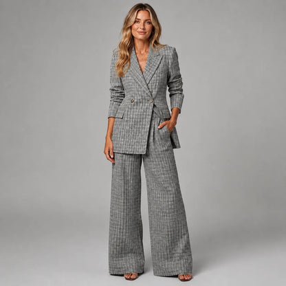 Tatum | Women's Co-ord Set Check Blazer Wide-Leg Trousers Two-Piece Tailored Structured Smart Occasion Office Coordinated Autumn