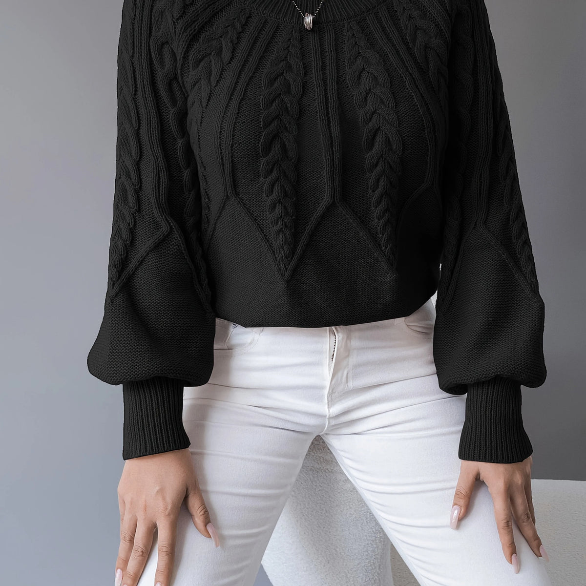 Kimberly | Women's Sweater Cable-Knit Lantern Sleeve Chunky Textured Soft Cosy Warm Layering Chic Feminine Casual Everyday Autumn