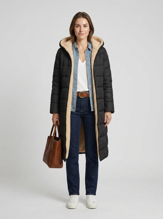 Ivy | Women's Puffer Coat Longline Hooded Quilted Padded Insulated Warm Zip Cosy Casual Everyday Winter Outerwear - Front [Lystr 6a7e30439d1b0a17cf148b8d:front]