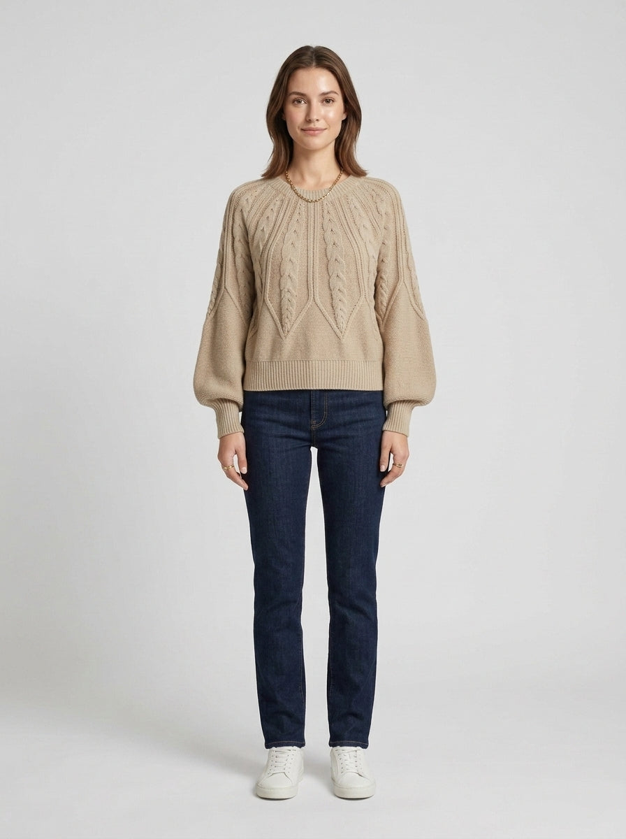 Kimberly | Women's Sweater Cable-Knit Lantern Sleeve Chunky Textured Soft Cosy Warm Layering Chic Feminine Casual Everyday Autumn - Front [Lystr 6a849fec834bde48df72659a:front]