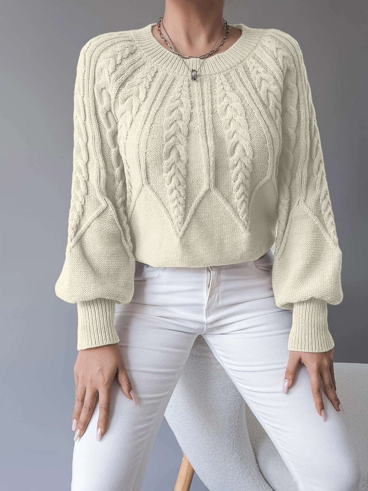 Kimberly | Women's Sweater Cable-Knit Lantern Sleeve Chunky Textured Soft Cosy Warm Layering Chic Feminine Casual Everyday Autumn