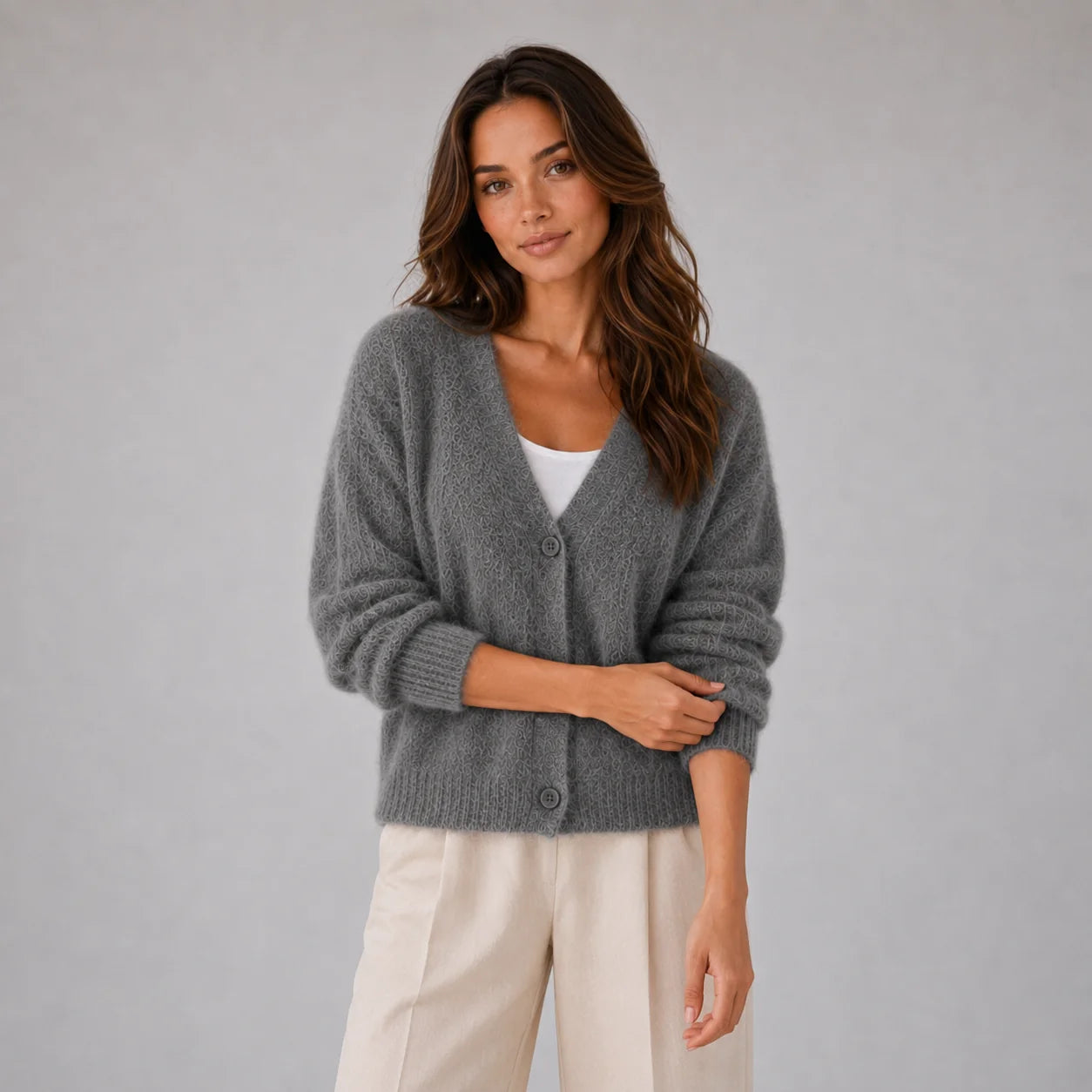 Taylor | Women's Cardigan Fluffy Knit Button-Front V-Neck Soft Cosy Warm Relaxed Layering Chic Feminine Casual Everyday Autumn