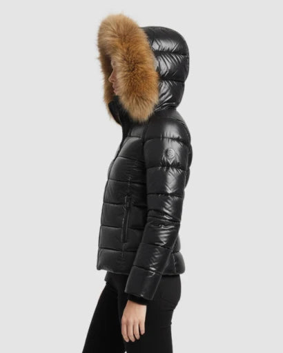 Nina | Women's Puffer Jacket Glossy Hooded Faux Fur Trim Padded Insulated Warm Cropped Casual Everyday Winter Outerwear Cosy