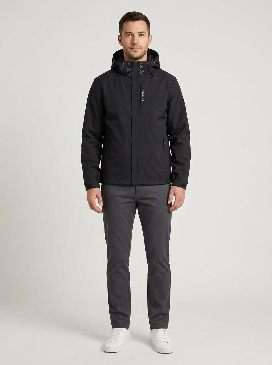Leo | Men's Technical Jacket Hooded Outdoor Functional Minimal Zip Waterproof Performance Casual Everyday Outerwear - Front [Lystr 6a7e2dde9d1b0a17cf148b81:front]