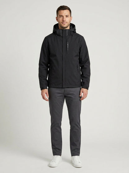 Leo | Men's Technical Jacket Hooded Outdoor Functional Minimal Zip Waterproof Performance Casual Everyday Outerwear - Front [Lystr 6a7e2dde9d1b0a17cf148b81:front]