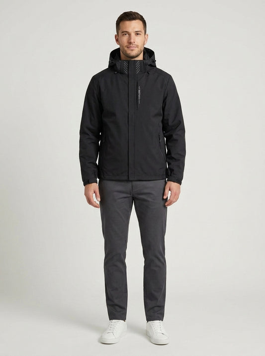 Leo | Men's Technical Jacket Hooded Outdoor Functional Minimal Zip Waterproof Performance Casual Everyday Outerwear - Front [Lystr 6a7e2dde9d1b0a17cf148b81:front]