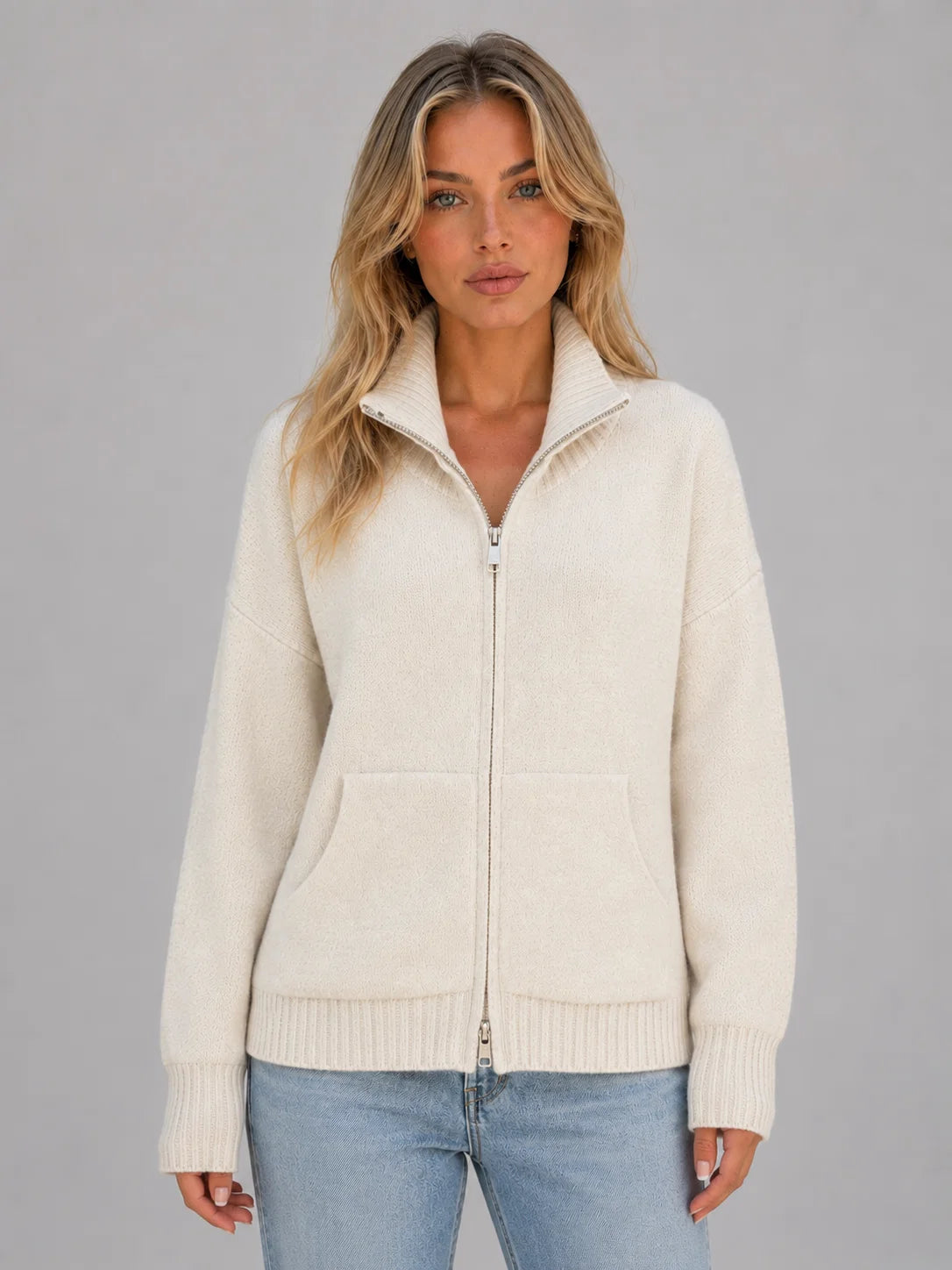 Ramona | Women's Cardigan Zip-Up Knitted Soft Funnel Neck Knit Jacket Cosy Warm Relaxed Layering Chic Feminine Casual Everyday