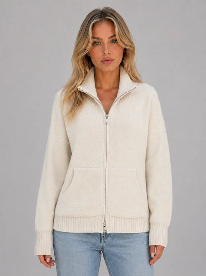 Ramona | Women's Cardigan Zip-Up Knitted Soft Funnel Neck Knit Jacket Cosy Warm Relaxed Layering Chic Feminine Casual Everyday