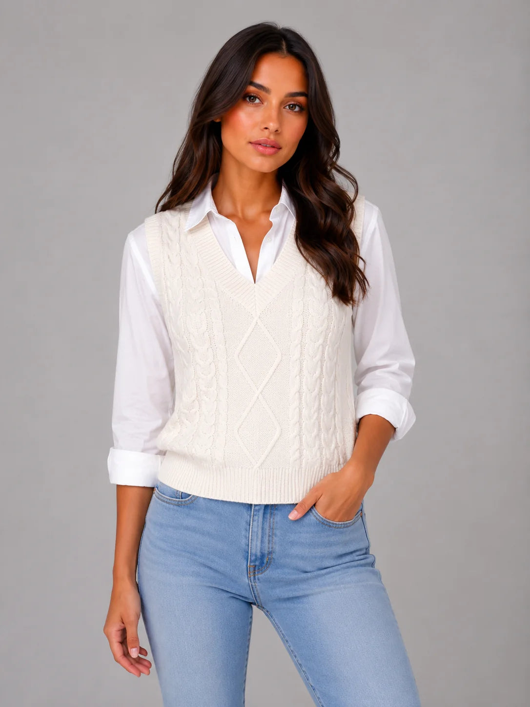 Rita | Women's Vest Sleeveless Cable-Knit V-Neck Waistcoat Soft Cosy Warm Layering Chic Feminine Casual Everyday Autumn Winter