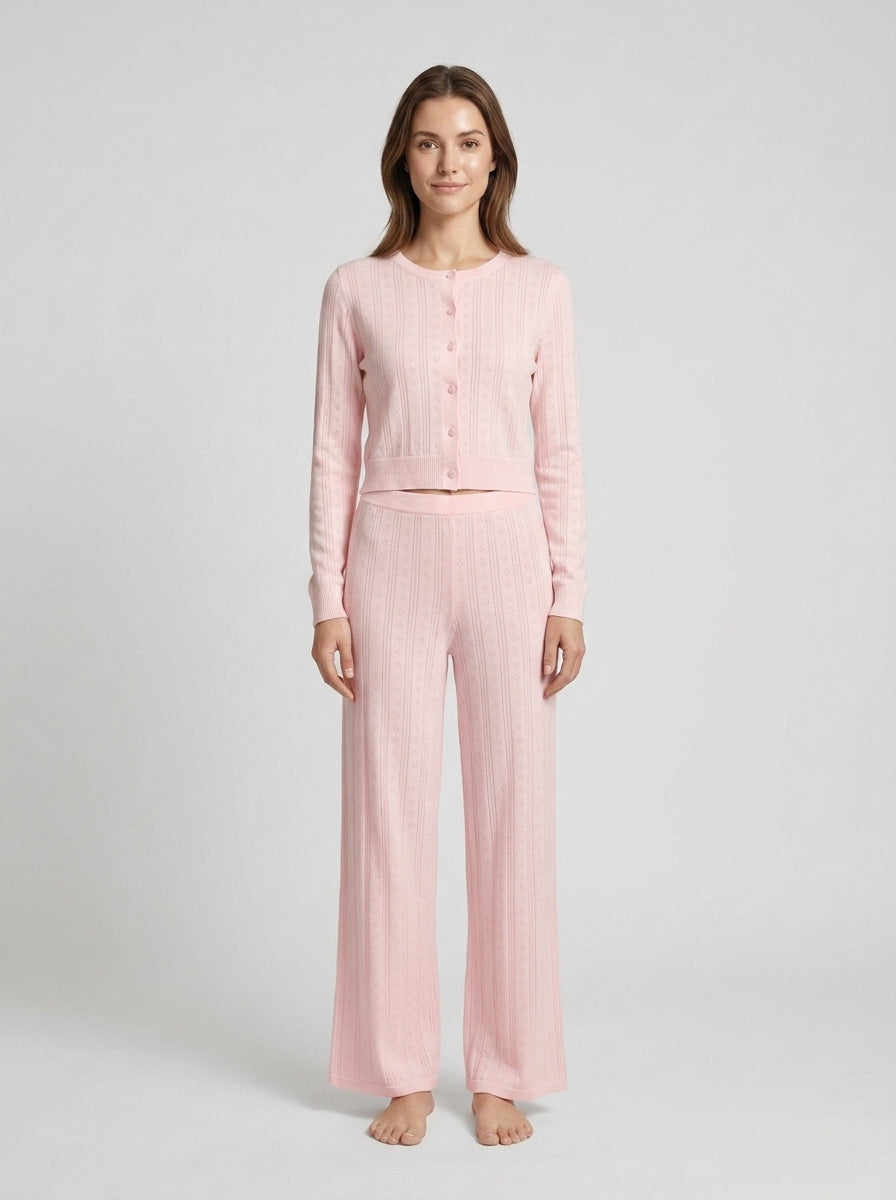 Karen | Women's Co-ord Set Cutout Jacquard Long-Sleeve Two-Piece Textured Soft Casual Coordinated Chic Autumn Winter Layering - Front [Lystr 6a84a1818dc0052d69880c5b:front]