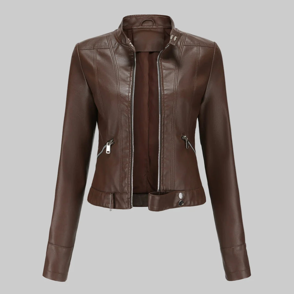 Karla | Women's Leather Jacket Elegant Slim Fit Stand Collar Zip Front Refined Structured Smart Occasion Everyday Autumn Winter
