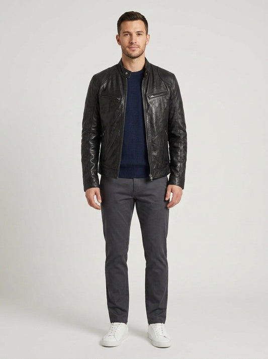 Jack | Men's Leather Biker Jacket Stand Collar Fitted Zip-Front Structured Moto Casual Everyday Streetwear Outerwear - Front [Lystr 6a7ecac4d06a72dd9f9ffd1f:front]