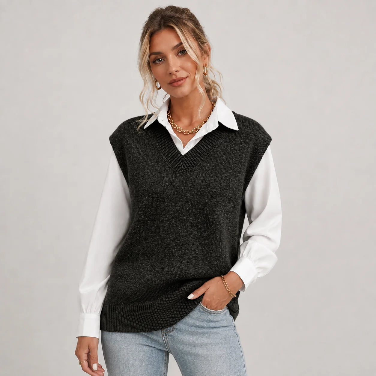 Valerie | Women's Vest Sweater Knitted V-Neck Sleeveless Soft Cosy Warm Layering Chic Feminine Casual Everyday Autumn Winter