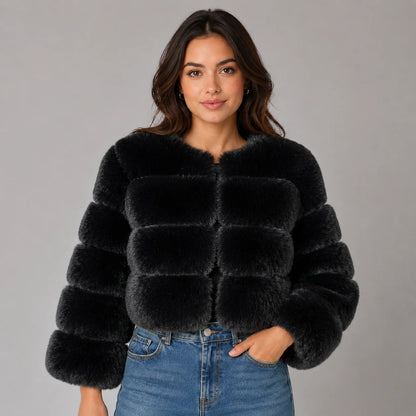 Veda | Women's Faux Fur Jacket Cropped Fluffy Plush Soft Warm Cosy Chic Feminine Occasion Everyday Autumn Winter Outerwear